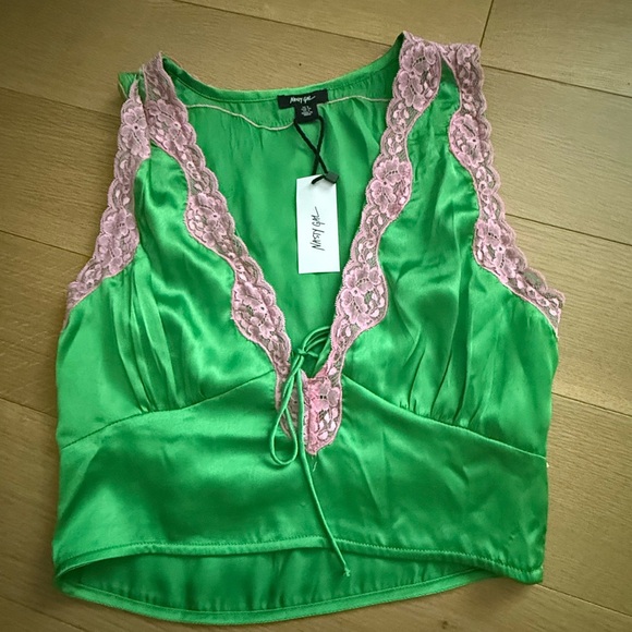Nasty Gal Green and Pink Lace Trim Top - Picture 1 of 6